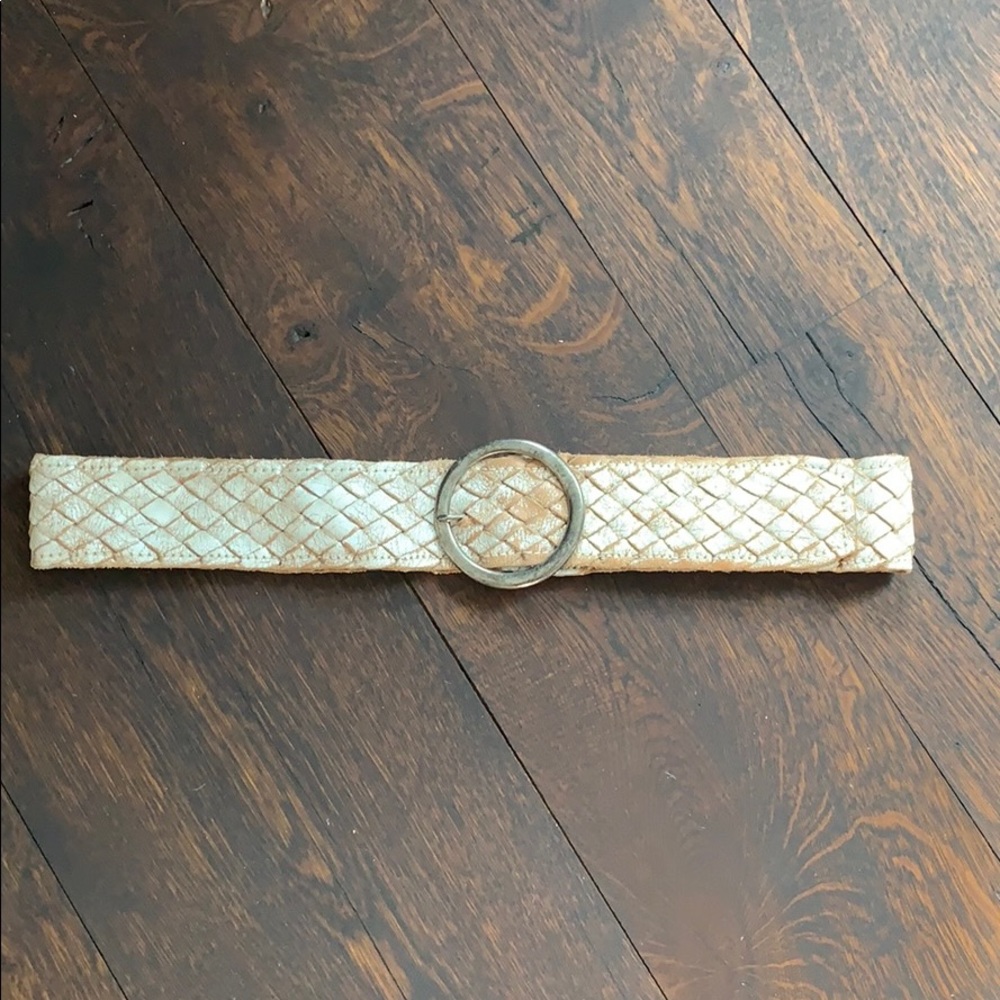 Bed Stu Tan White Woven Silver Belt L